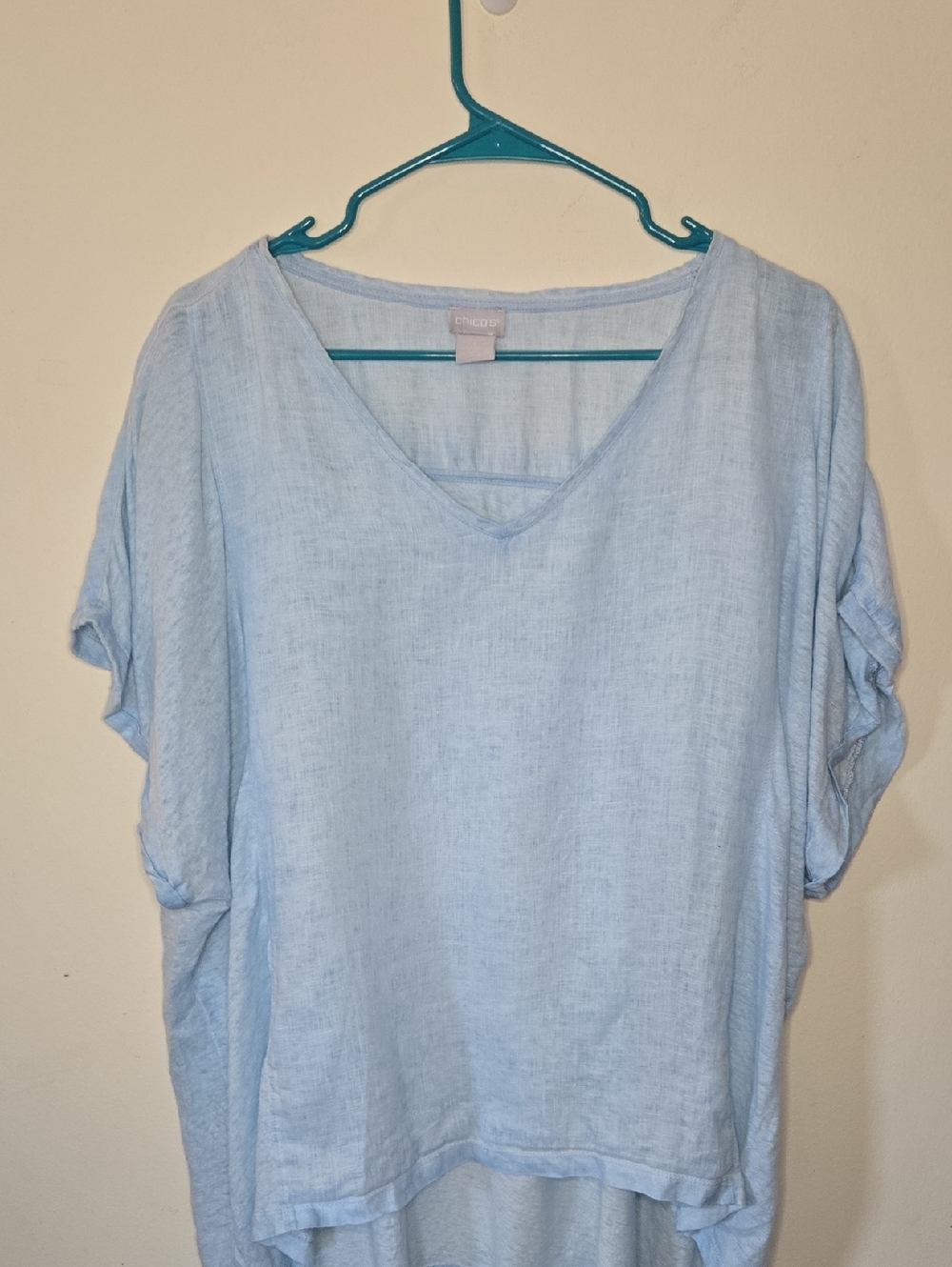Chico's Sky Blue V-Neck Linen Tunic Lightweight Hi Low Size 4